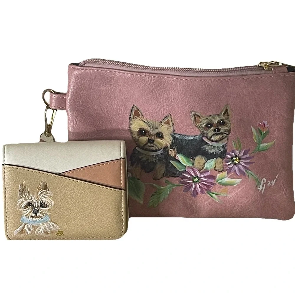 Hand Painted Yorkie Matching Set – Wristlet + NWT‎ Wallet